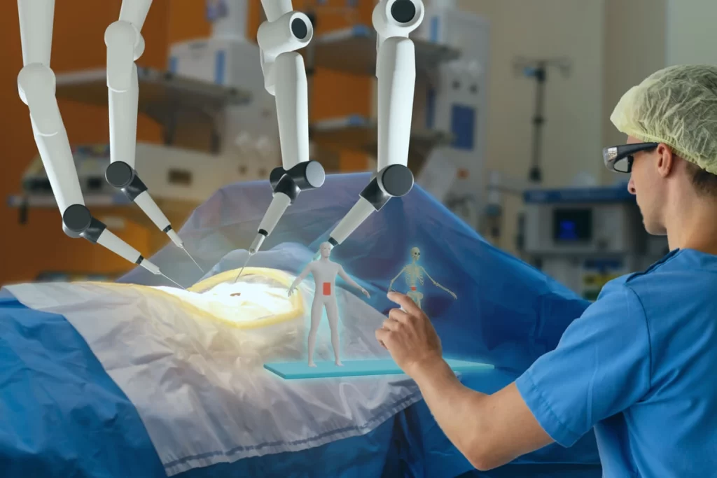 Surgeon utilizing advanced robotic technology for precise keyhole surgery and arthroscopic sports injury repair at Neuron Plus Hospital.