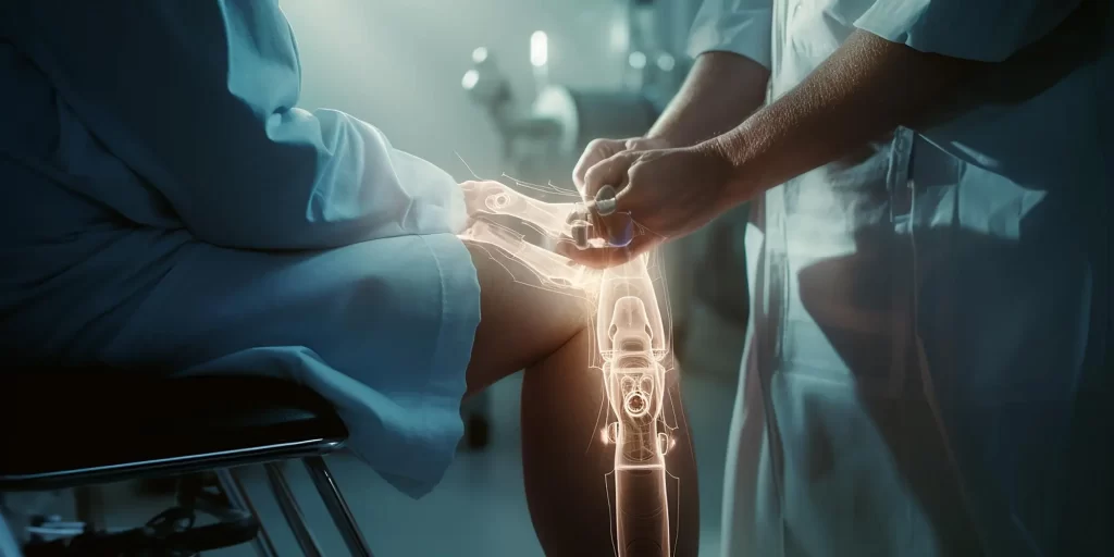 A conceptual image showing a surgeon's hands with a digital overlay of a robotic knee joint, representing advanced, minimally invasive joint replacement techniques.