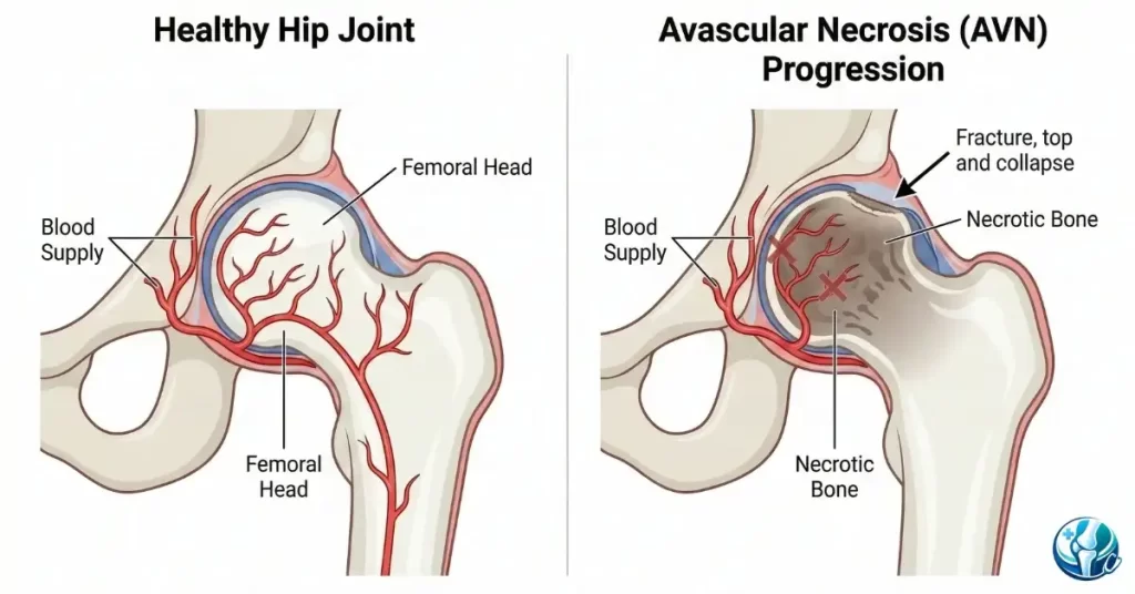 A medical diagram contrasting a healthy hip joint with a cross-section showing blood supply loss, necrotic bone, and joint collapse in Avascular Necrosis (AVN) of the hip.