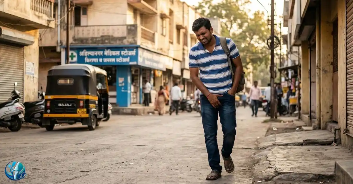 A young man in Ahilyanagar limping and clutching his hip due to deep groin pain, illustrating key symptoms of Avascular Necrosis (AVN) of the femoral head. 