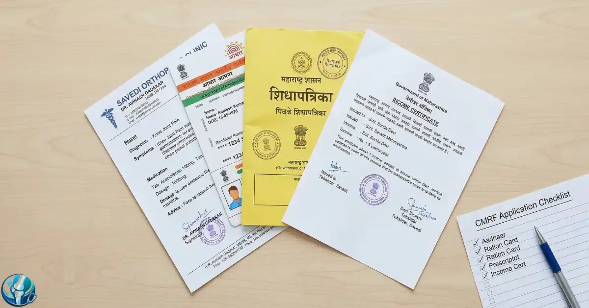 Photo of fanned out documents like ration card, Aadhaar card, income certificate needed for CM Fund application. 