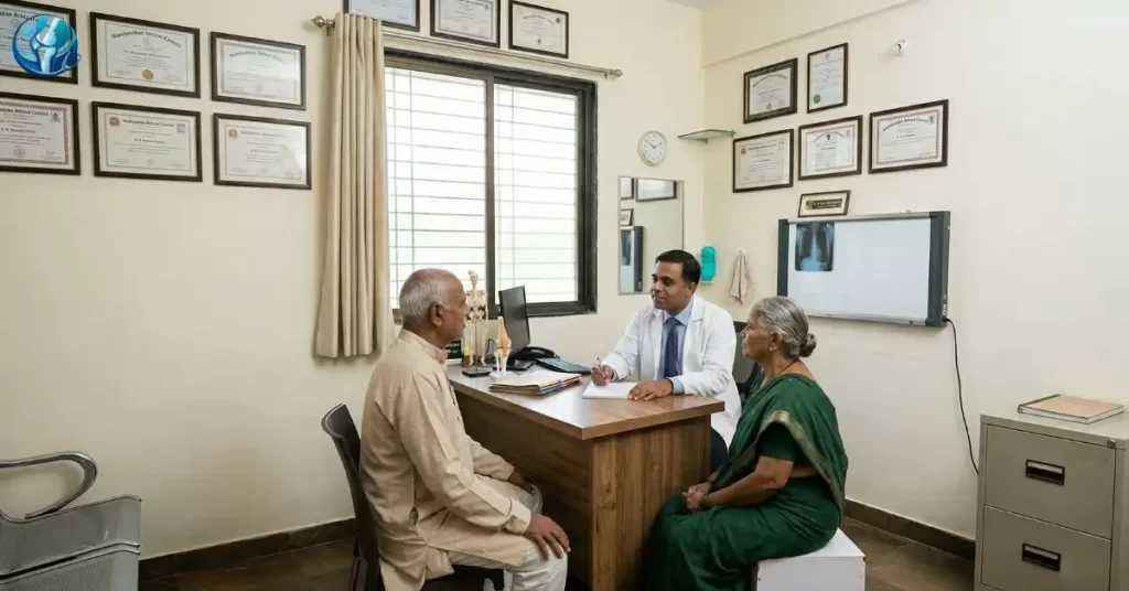 Dr. Avinash Gadekar consulting elderly patient couple at Neuron Plus Hospital Ahilyanagar for knee replacement surgery