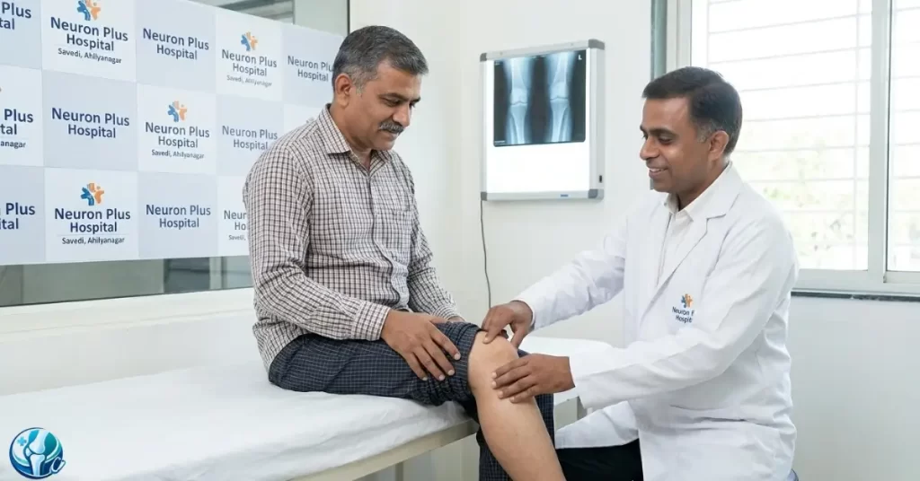 Dr. Avinash Gadekar performing a joint preservation examination on a male patient at Neuron Plus Hospital in Ahilyanagar.
