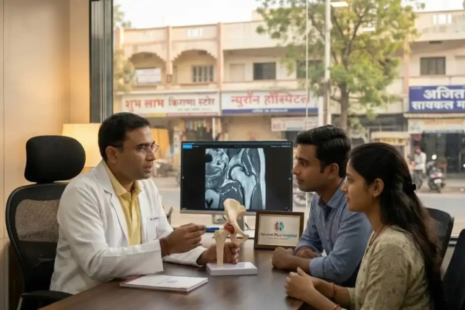 Dr. Avinash Gadekar, orthopedic surgeon at Neuron Plus Hospital in Ahilyanagar, consulting a patient regarding Avascular Necrosis (AVN) of the hip using a medical joint model.