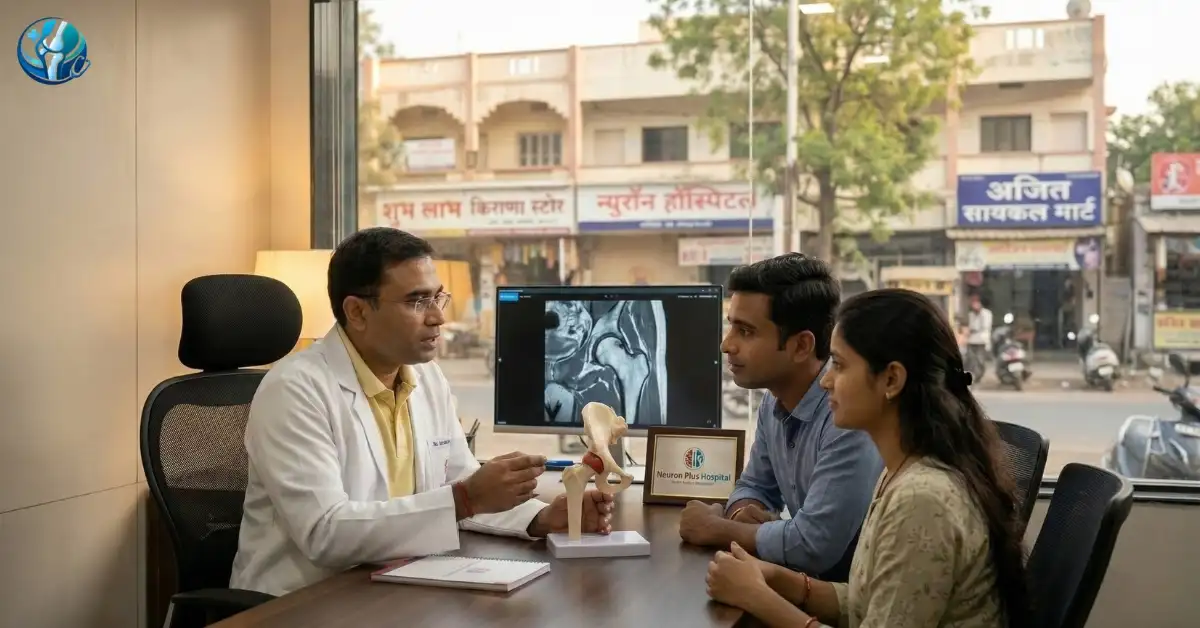Dr. Avinash Gadekar, orthopedic surgeon at Neuron Plus Hospital in Ahilyanagar, consulting a patient regarding Avascular Necrosis (AVN) of the hip using a medical joint model.