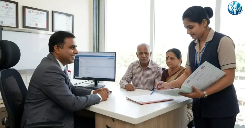 Dr. Avinash Gadekar consulting with an elderly couple in his modern consultation room, building trust.