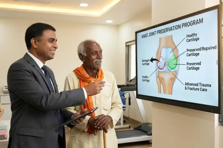 Dr. Avinash Gadekar explaining knee joint preservation and surgery options to an elderly patient during a consultation at Neuron Plus Hospital.