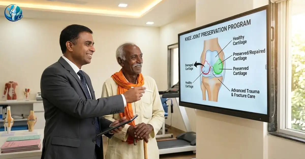 Dr. Avinash Gadekar explaining knee joint preservation and surgery options to an elderly patient during a consultation at Neuron Plus Hospital.