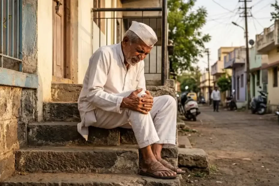 An elderly Maharashtrian man holding his knee in pain on a step in Savedi, Ahilyanagar, representing the clinical problem of Gudghe Dukhi.