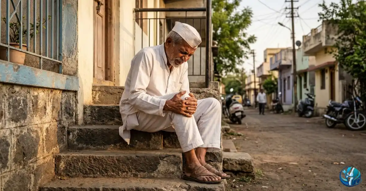 An elderly Maharashtrian man holding his knee in pain on a step in Savedi, Ahilyanagar, representing the clinical problem of Gudghe Dukhi.