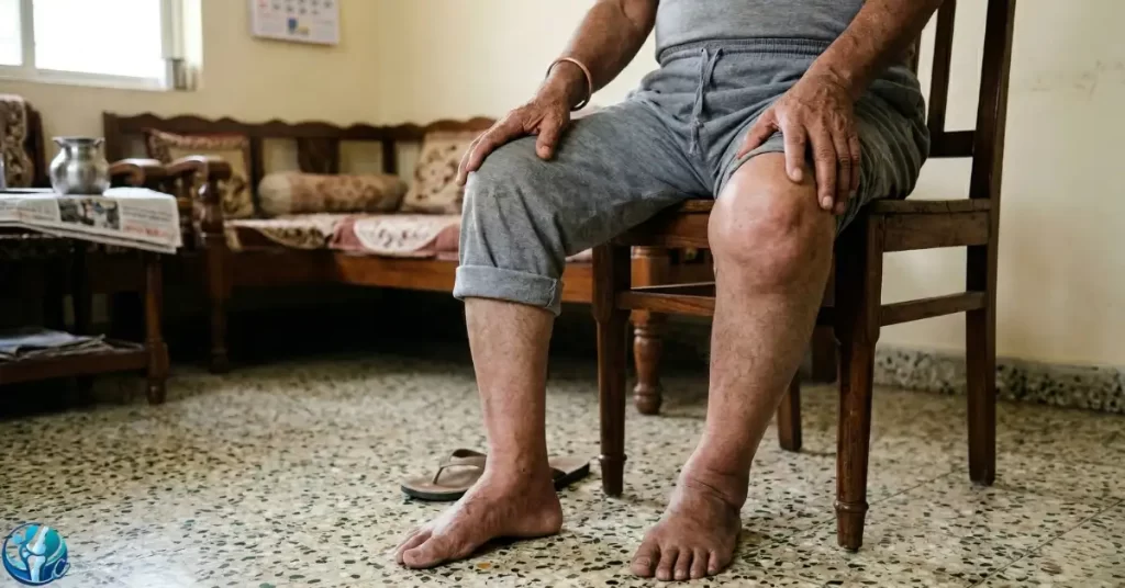 Visible knee swelling and joint deformity in elderly patient indicating need for knee replacement surgery in Ahilyanagar