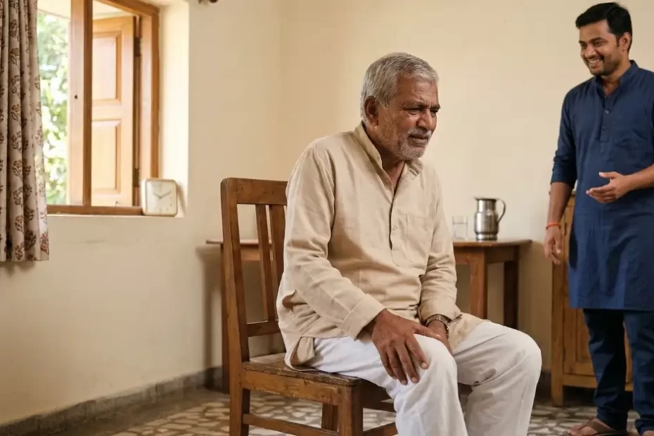 Elderly man with knee pain sitting at home in Ahilyanagar with family support during summer vacation