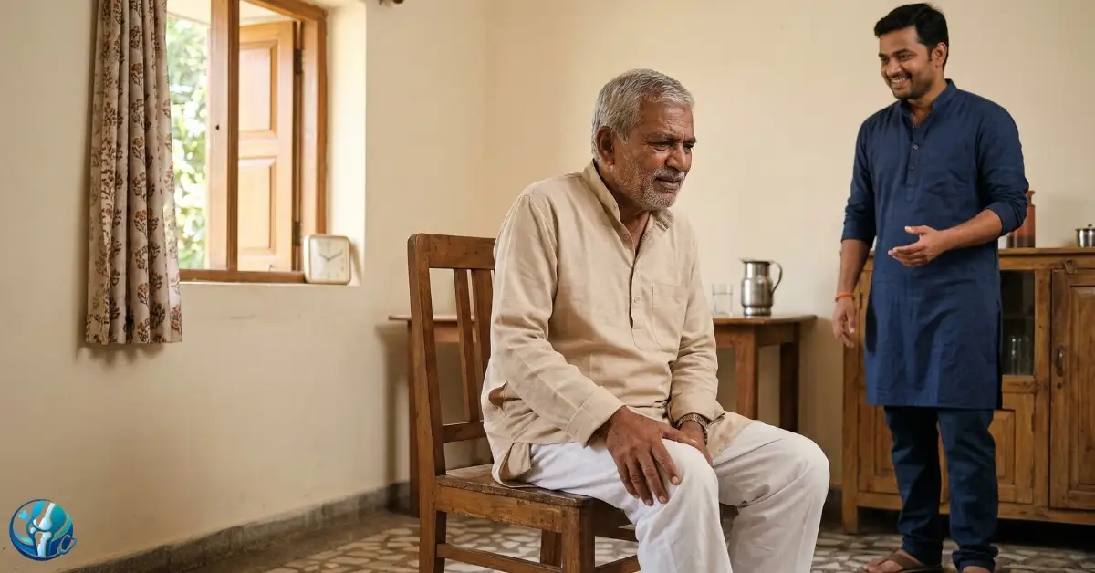 Elderly man with knee pain sitting at home in Ahilyanagar with family support during summer vacation