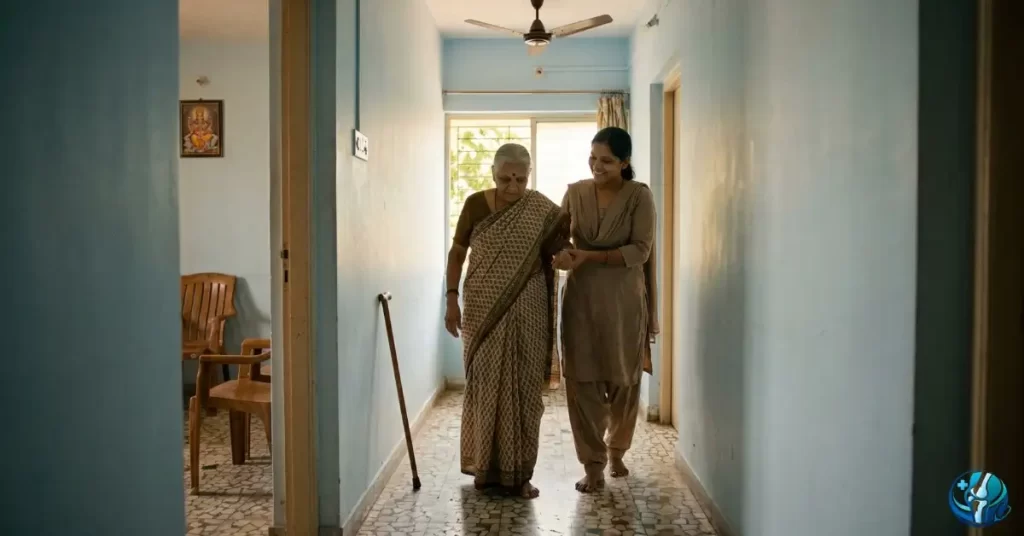 Elderly woman walking with support from a caregiver at home