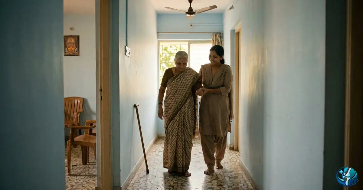 Indian woman doing post knee replacement walking exercise with daughter support at home in Ahilyanagar
