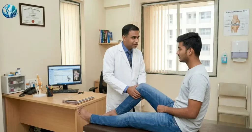 Dr. Avinash Gadekar performing a clinical exam on a young patient's swollen knee in Ahilyanagar, demonstrating why you must consult a qualified sports injury doctor.