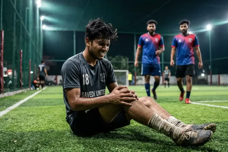 Young Indian athlete holding his injured knee on an artificial sports turf, highlighting the need for a specialized sports injury doctor in Ahilyanagar.