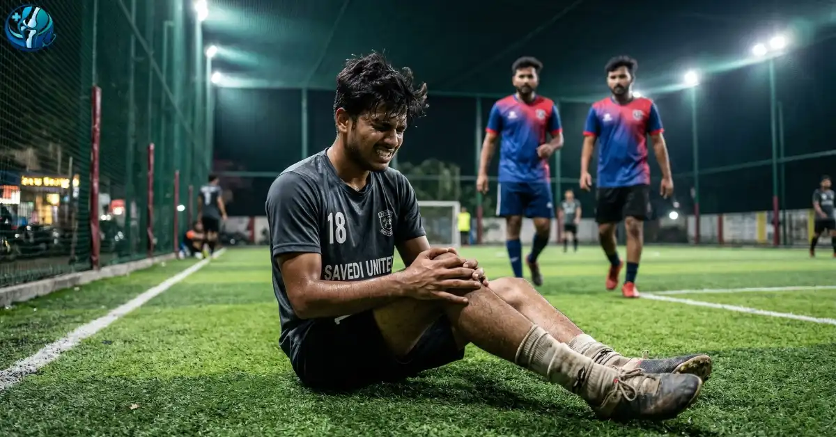 Young Indian athlete holding his injured knee on an artificial sports turf, highlighting the need for a specialized sports injury doctor in Ahilyanagar.