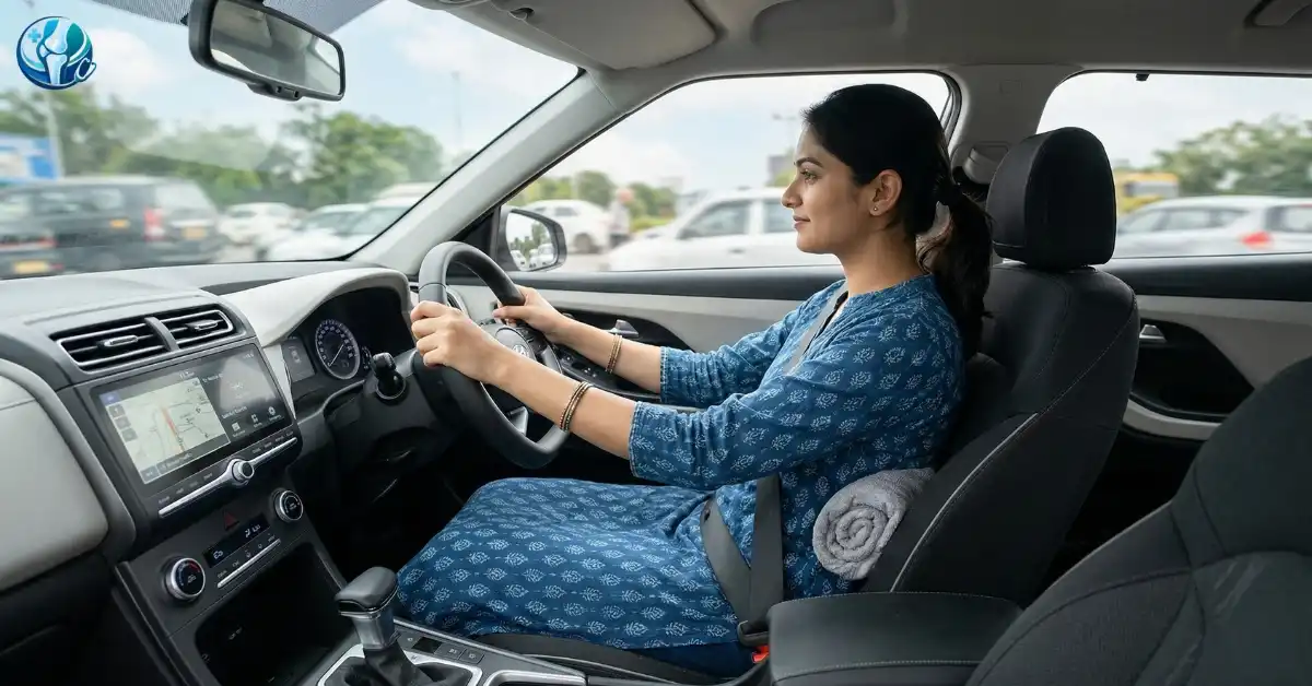 Driver using a rolled-up towel for lumbar support to prevent back pain in a car. 