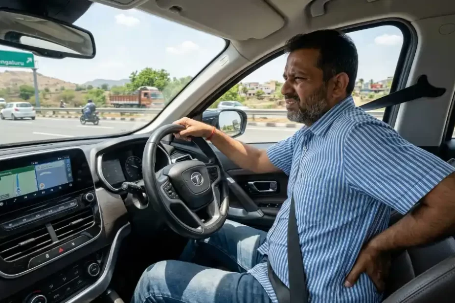 Indian man rubbing his lower back in pain while driving an SUV on a summer road trip.