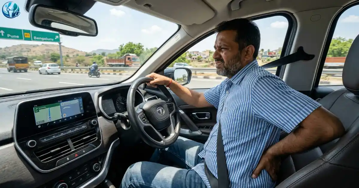 Indian man rubbing his lower back in pain while driving an SUV on a summer road trip.