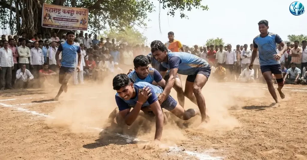 Indian kabaddi player holding his dislocated shoulder in pain after a heavy tackle on the field.