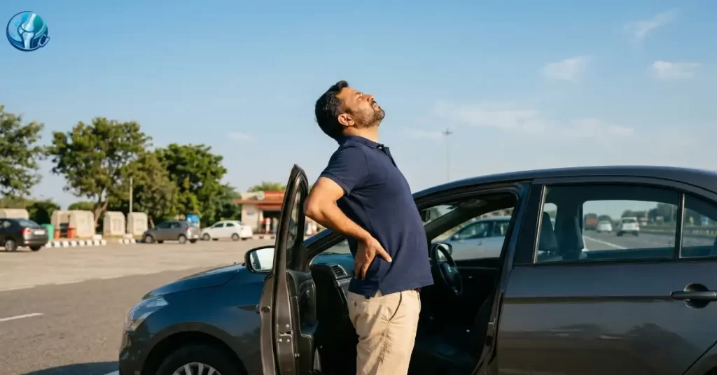 Man performing standing back extension stretches outside his car during a highway pit stop.