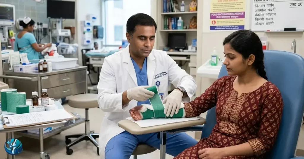 Orthopedic fracture doctor applying a temporary splint for a broken wrist.