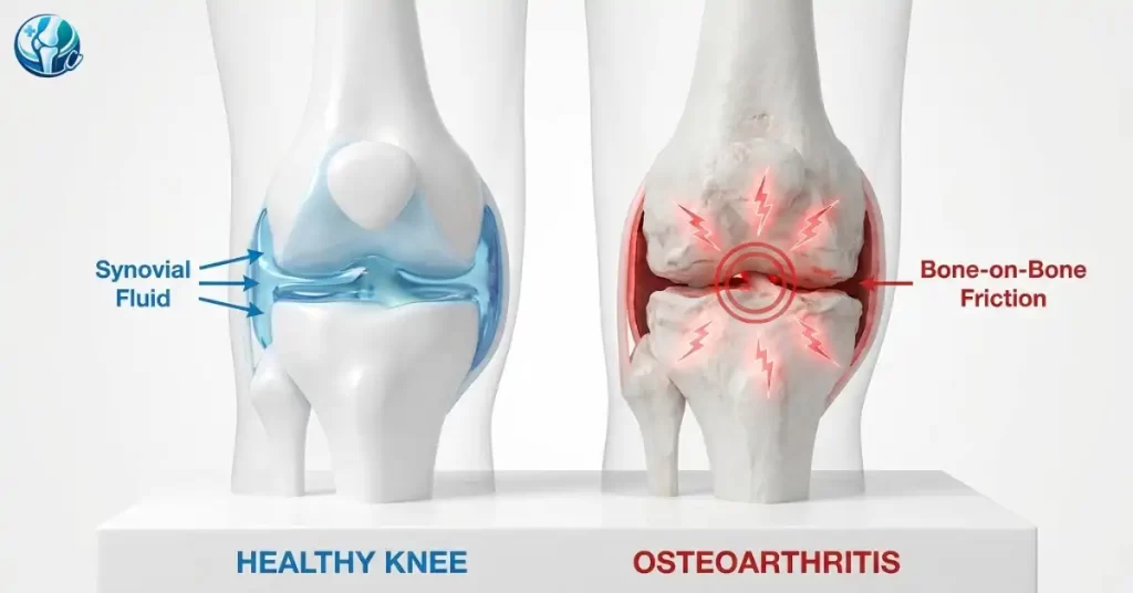 3D medical illustration showing how dehydration dries up synovial fluid and causes joint bone friction.