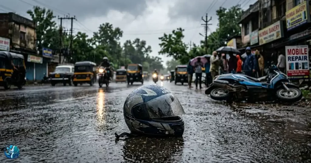 Wet monsoon road in Ahilyanagar after a two-wheeler skid accident.