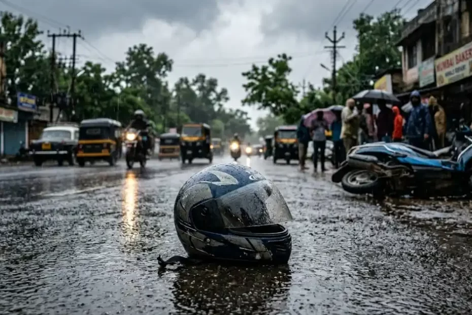 Wet monsoon road in Ahilyanagar after a two-wheeler skid accident.