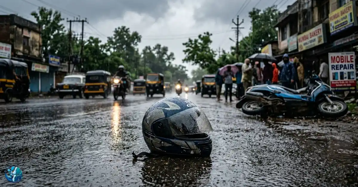 Wet monsoon road in Ahilyanagar after a two-wheeler skid accident.