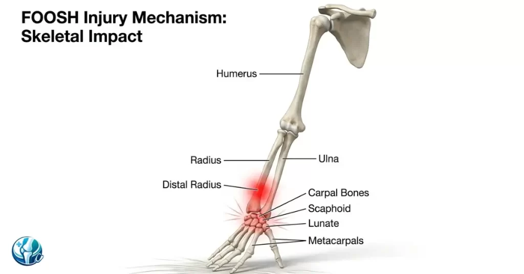 3D medical illustration of a wrist fracture caused by breaking a fall on an outstretched hand.