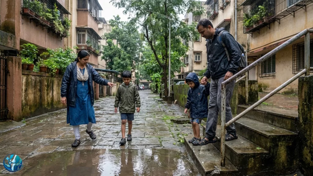 indian family walking carefully on a wet residential road during the monsoon while using a staircase handrail and avoiding puddles.