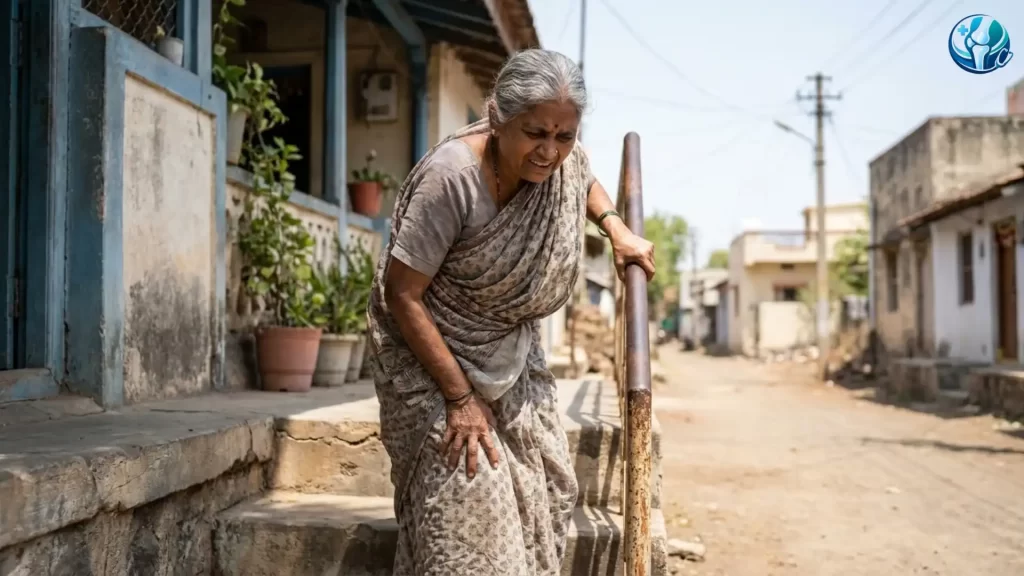 Older adult struggling to climb stairs while holding the railing and supporting a painful knee, illustrating reduced mobility from knee pain