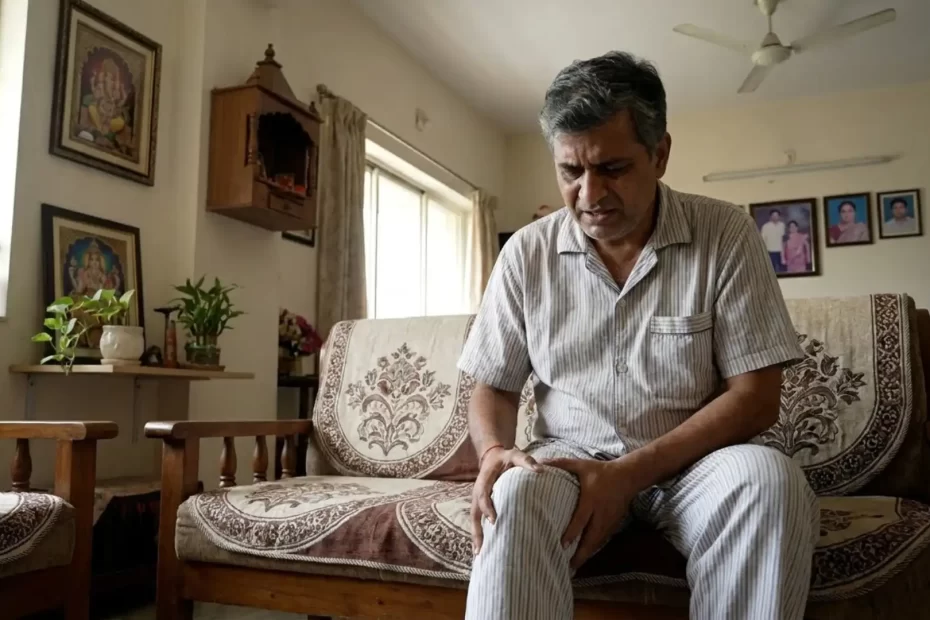 Middle-aged person sitting on a couch holding a painful knee, showing signs of knee pain that may need orthopedic evaluation