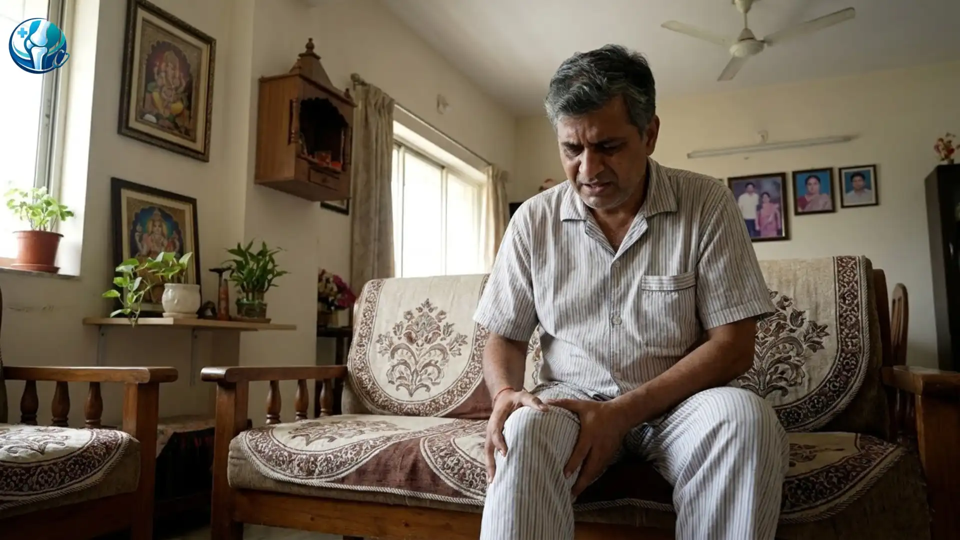 Middle-aged person sitting on a couch holding a painful knee, showing signs of knee pain that may need orthopedic evaluation