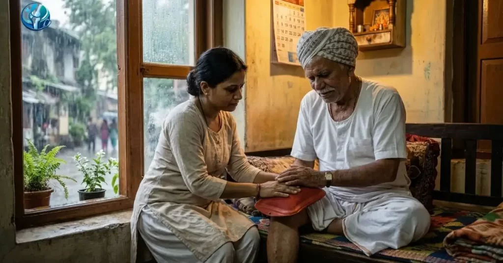 Applying a hot water bag for knee pain treatment at home during the rainy season.