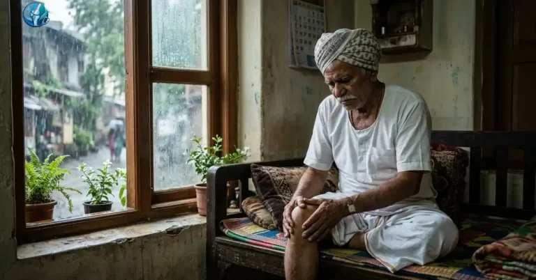 Elderly man in Ahilyanagar rubbing his aching knee during heavy monsoon rain.