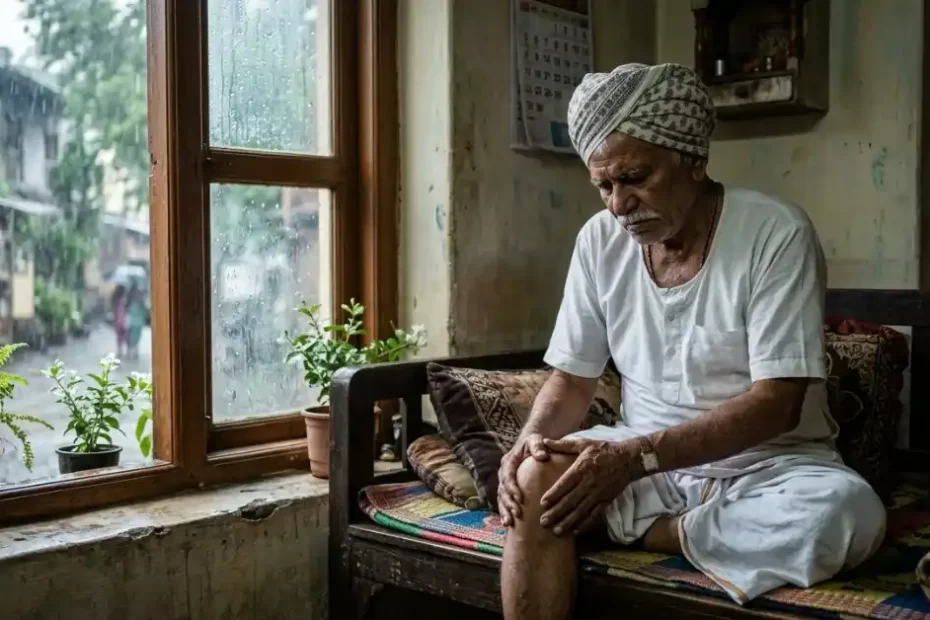 Elderly man in Ahilyanagar rubbing his aching knee during heavy monsoon rain.