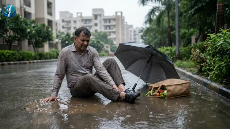 Man holding his injured ankle after slipping on a rain-soaked residential road during the monsoon.
