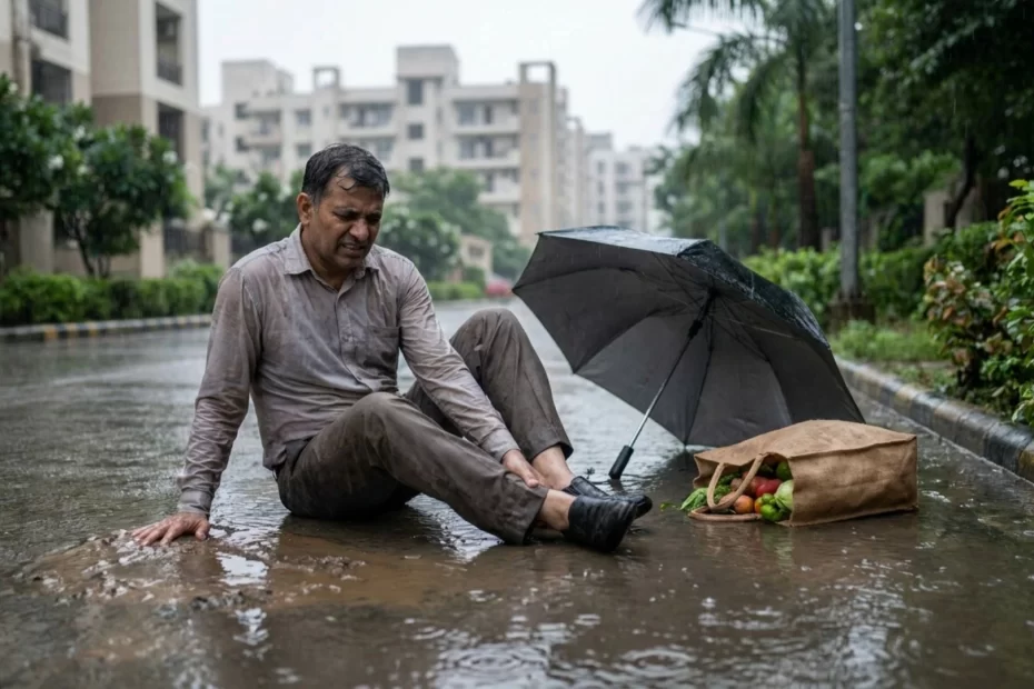Man holding his injured ankle after slipping on a rain-soaked residential road during the monsoon.