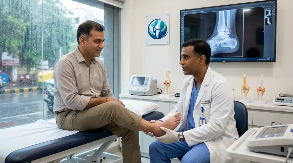 Orthopedic doctor examining a patient's ankle during a consultation while an ankle X-ray is displayed on a monitor.