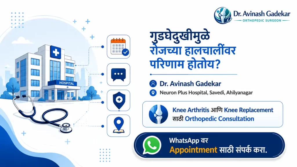 Savedi, Ahilyanagar येथे Knee Arthritis आणि Knee Replacement साठी orthopedic consultation दर्शवणारे healthcare graphic