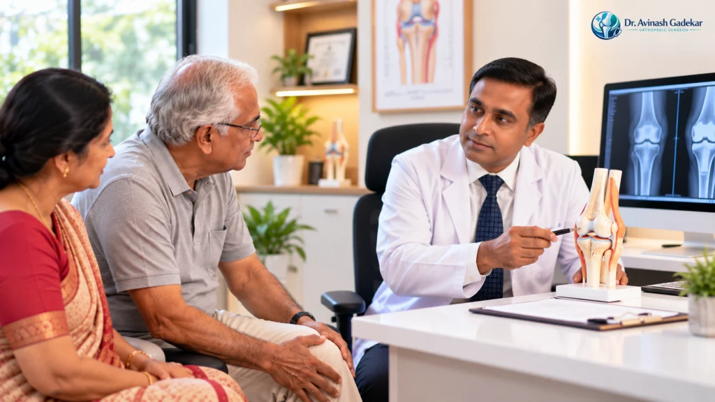 Orthopedic doctor explaining knee treatment to an elderly couple using a knee model