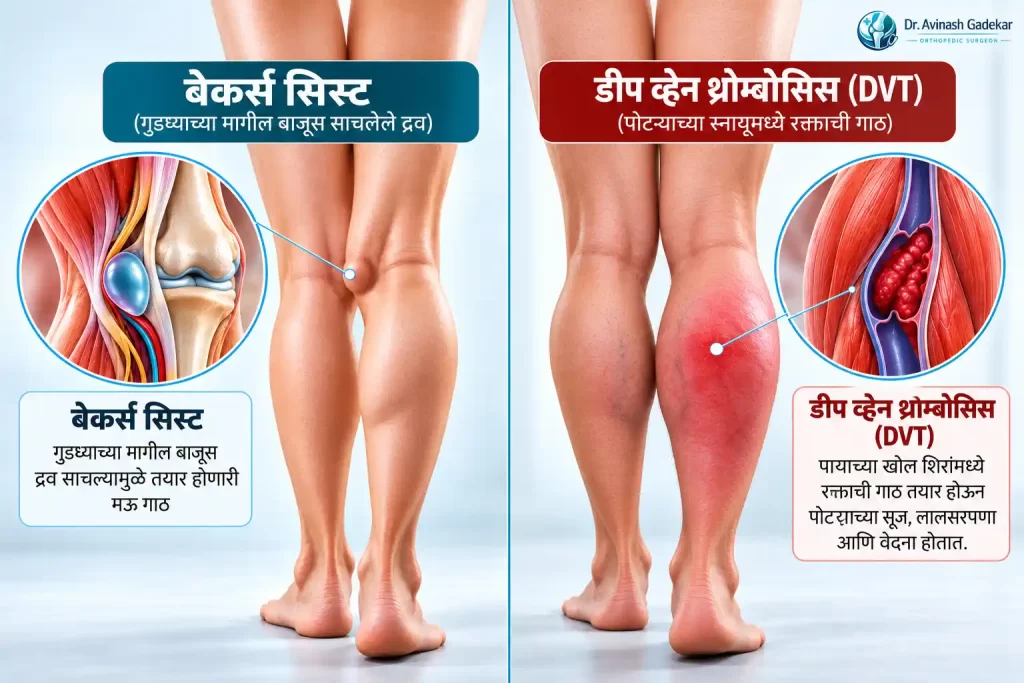 बेकर्स सिस्ट आणि डीप व्हेन थ्रोम्बोसिस (DVT) यांमधील फरक दर्शवणारे गुडघा व पोटरीचे वैद्यकीय चित्र