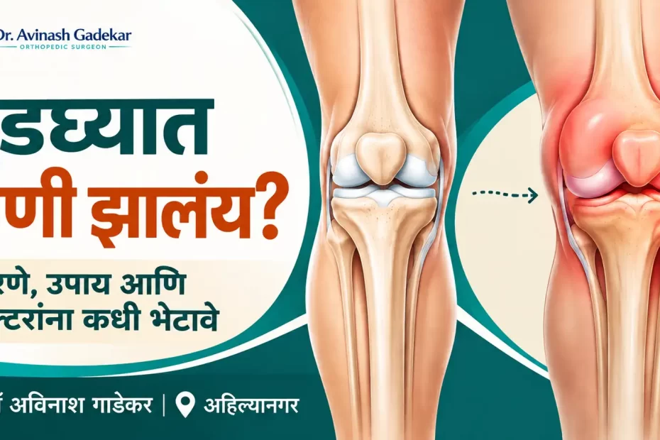 एका गुडघ्यात पाणी होऊन सूज आलेली आणि दुसरा सामान्य गुडघा दर्शवणारे चित्र