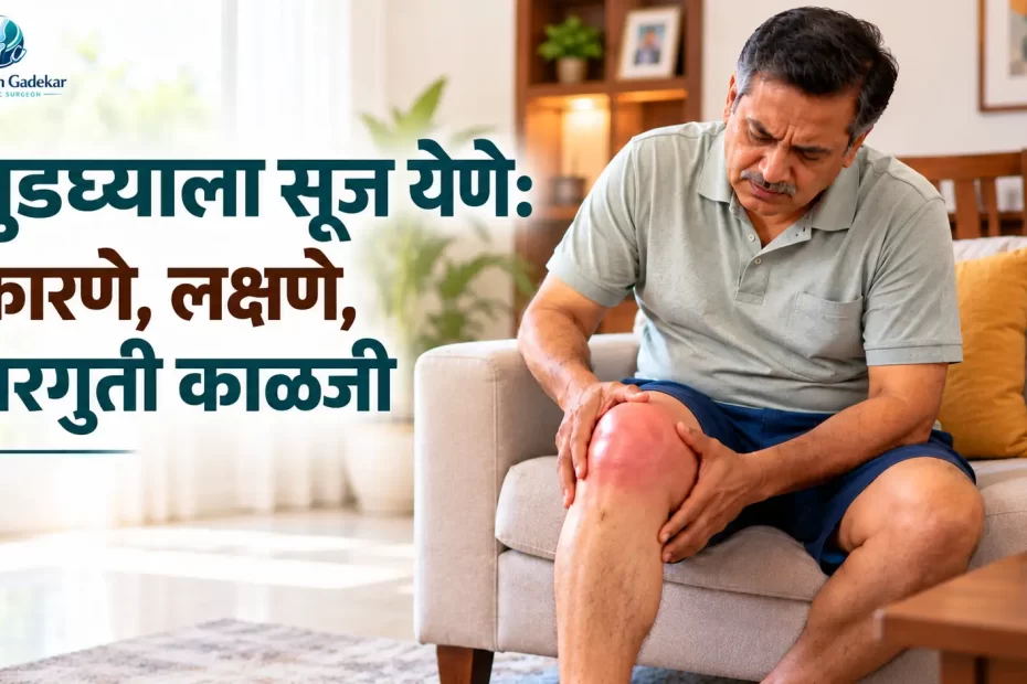 गुडघ्याला सूज येण्याची कारणे, लक्षणे आणि घरगुती काळजी दर्शवणारे चित्र